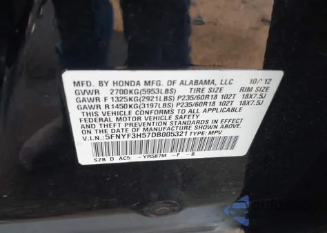 2013 Honda Pilot Ex-L z USA, uszkodzony, nr VIN 5FNYF3H57DB005321